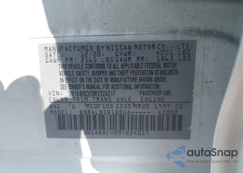 2021 Nissan Sentra Sv Xtronic Cvt из США, поврежденный, VIN 3N1AB8CV2MY224017